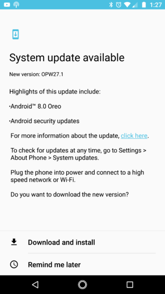 Screenshot of Moto X4 Android 8.0 Oreo Update Page