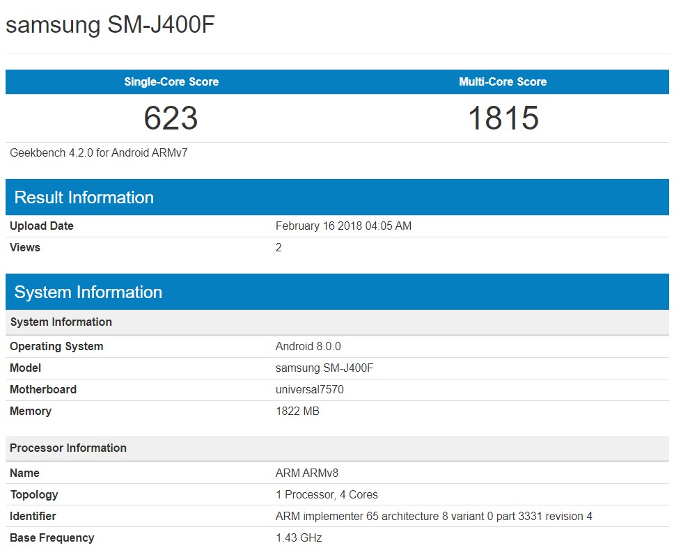 Samsung Galaxy J4 Appears on Geekbench