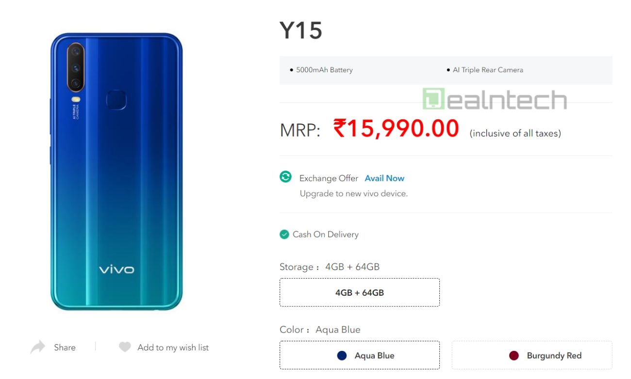 Vivo Y15 Price In India Full Specifications Renders Listed On Official Website