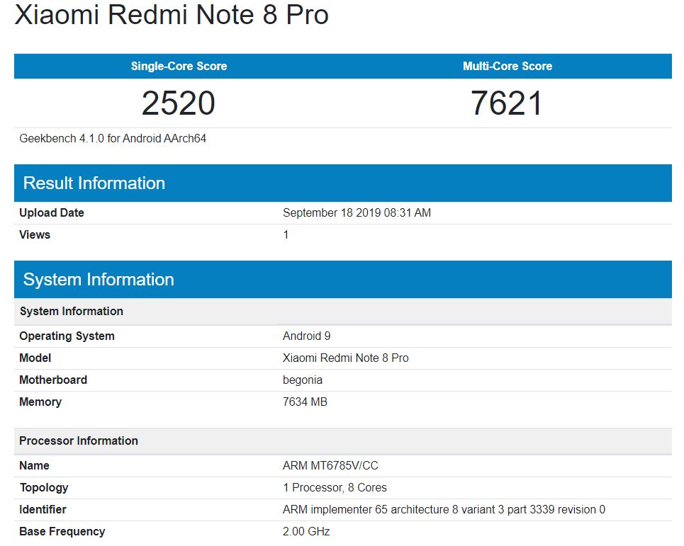 Geekbench Redmi Note 8 Pro for MTK G90T