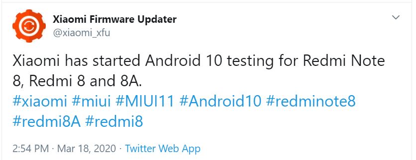 redmi 8 8a note 8 android 10 update tweet