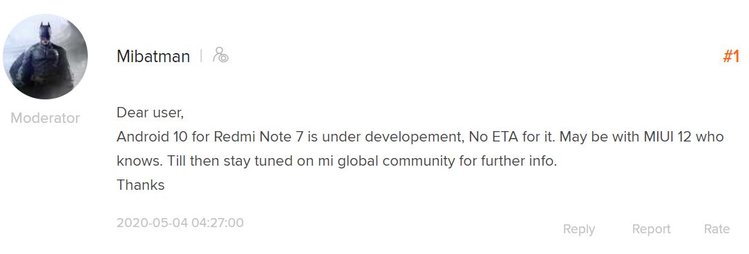 Redmi Note 7 Android 10 status