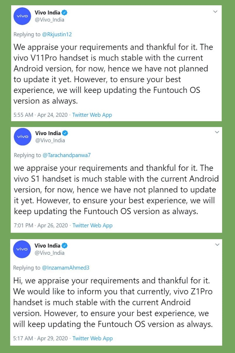 Android 10 Update Not Planned for Vivo V11 Pro, S1 and Z1 Pro