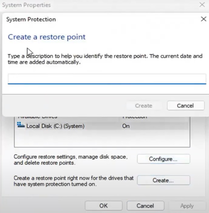 create a system restore point in Windows 11