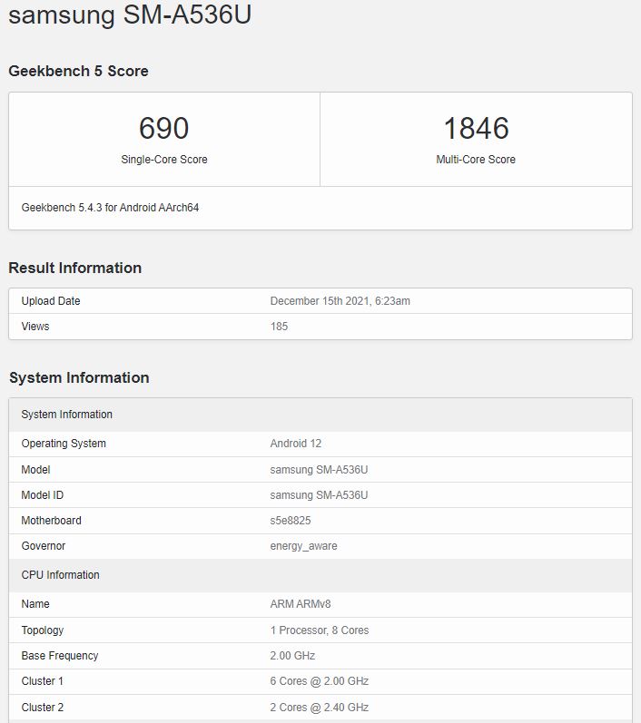 Samsung Galaxy A53 Geekbench listing