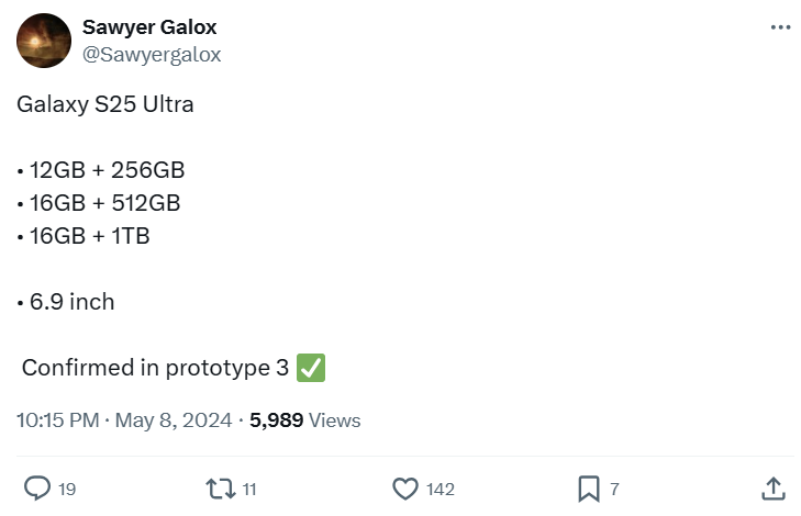 Galaxy S25 Ultra to Offer 16GB RAM