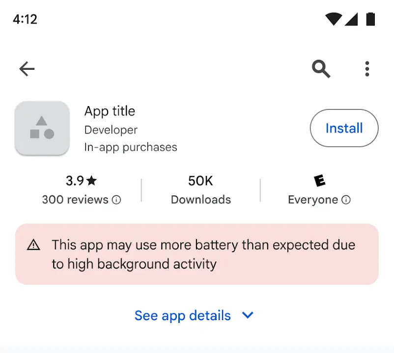 google play store warning showing battery overuse warning