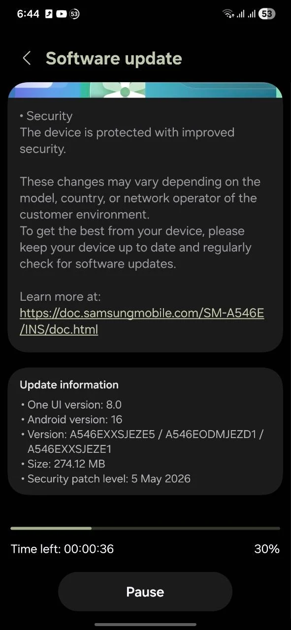 May 2026 security Galaxy A54
